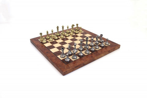 Metal Chess Pieces with Beautiful Elm Wood Chess Board. Matt Finish.