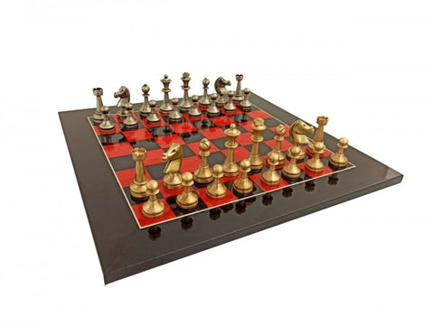 Metal Chess Pieces with Red/Black Wooden Chessboard