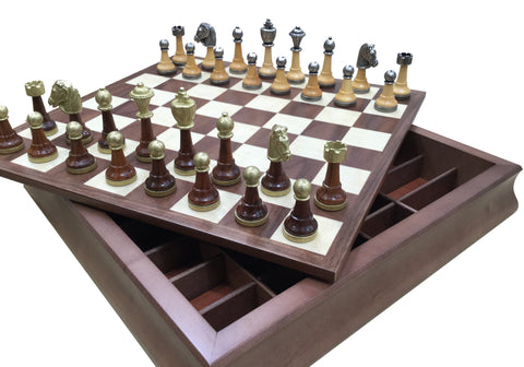 Metal Chess Set with Beautiful Walnut Chess Board/Box with Leather finish