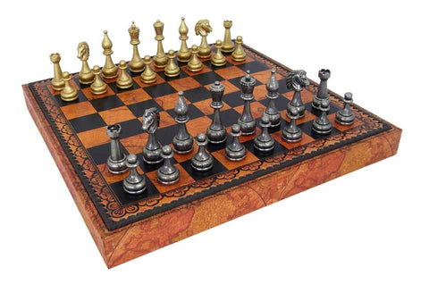 Metal Chess Set with Leatherette Chessboard/Box + CHECKER SET