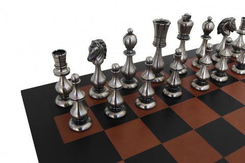 Metal Oriental Chess Pieces with Real Leather Chessboard