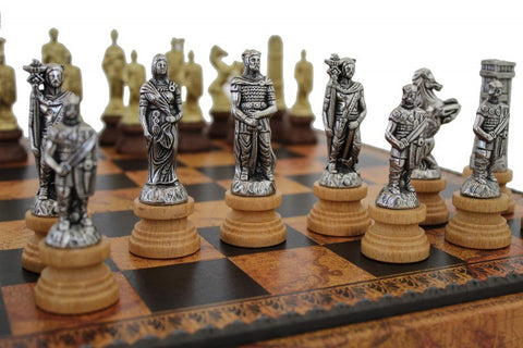 Metal & Wood Chess Pieces with Georgeous Leatherette Chessboard in Globe Finish