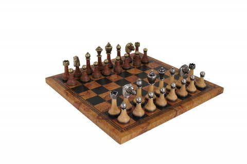 Metal & Wood Chess SET + Leatherette Chessboard with Globe Finish