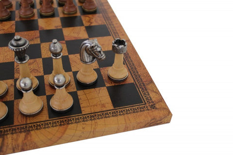 Metal & Wood Chess SET + Leatherette Chessboard with Globe Finish