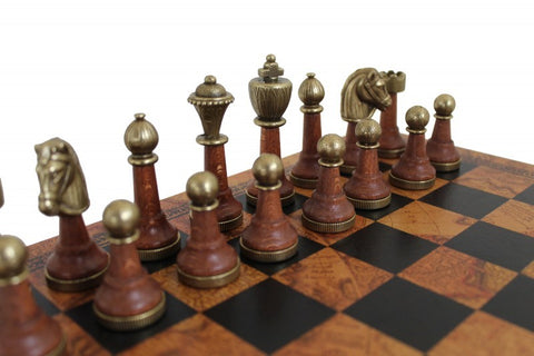 Metal & Wood Chess SET + Leatherette Chessboard with Globe Finish