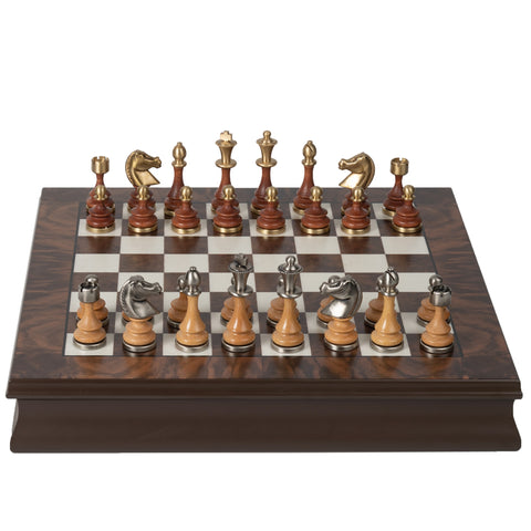 Metal/Wood Chess Set with Beautiful Rare wood Chess Board/Box