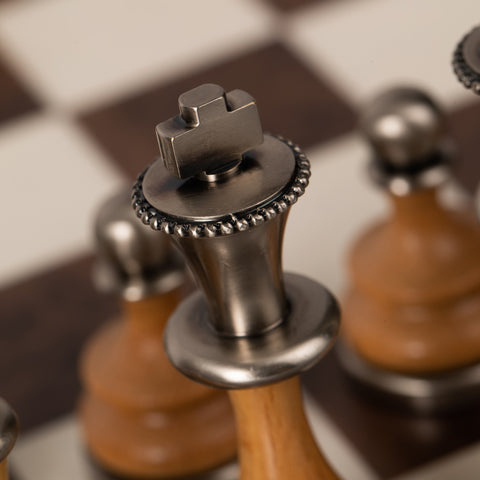 Metal/Wood Chess Set with Beautiful Rare wood Chess Board/Box