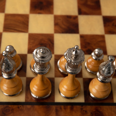 Metal/Wood Chess Set with Briar ELM Wood Chessboard with Drawer