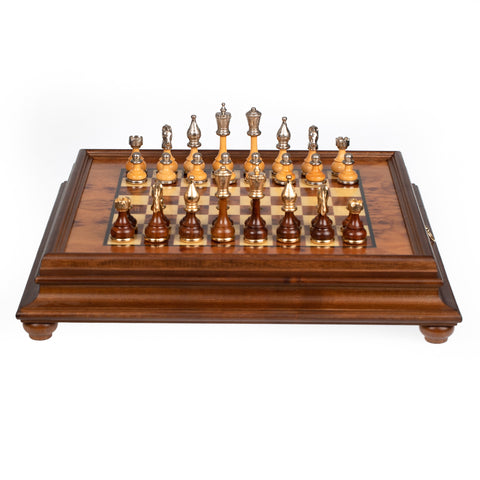 Metal/Wood Chess Set with Briar ELM Wood Chessboard with Drawer