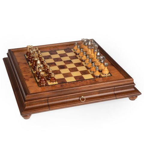 Metal/Wood Chess Set with Briar ELM Wood Chessboard with Drawer