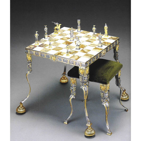 Handmade 24K Gold-Plated Bronze Chess Set, Nibelung Siegfried, Onyx Table Italy