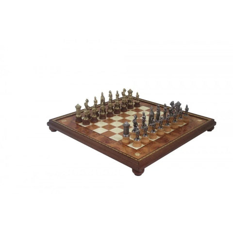 MARY STUART SET: Metal & Wood Chess Pieces with Unique Elm Briar Chessboard