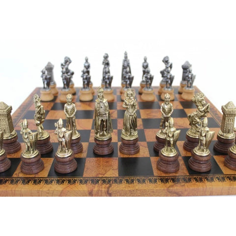 MARY STUART SET: Metal/Wood Chess with Leatherette Chessboard in Globe Finish