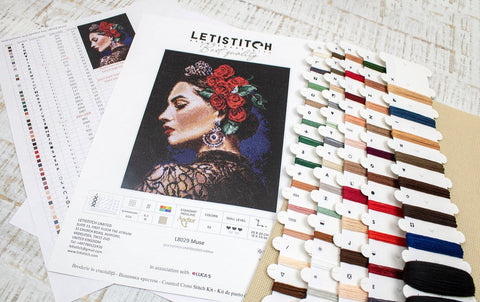 Muse Cross Stitch Kit, LetiStitch Embroidery Set, 25 x 20 cm, Zweigart Aida 16ct, Anchor Cotton Threads, 20,320 Stitches