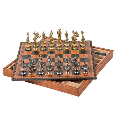 NAPOLEON CHESS: Metal Chess Pieces with Brown/Black Leatherette Chessboard