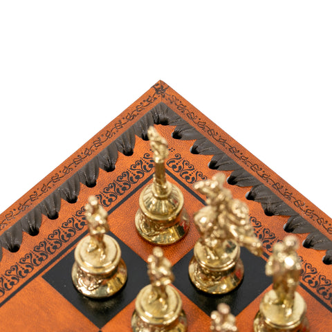 NAPOLEON CHESS: Metal Chess Pieces with Brown/Black Leatherette Chessboard