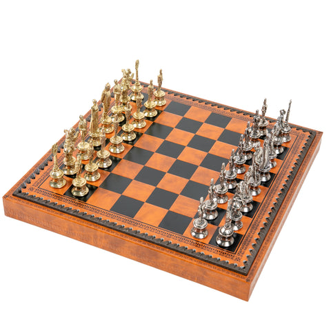 NAPOLEON CHESS: Metal Chess Pieces with Brown/Black Leatherette Chessboard