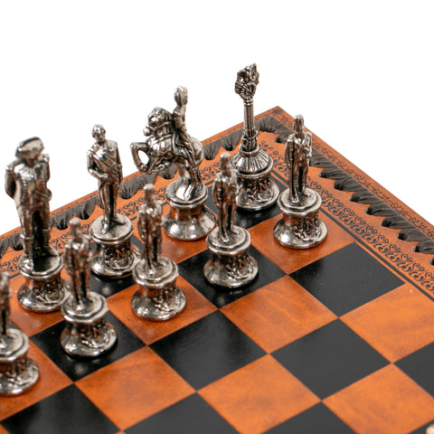 NAPOLEON CHESS: Metal Chess Pieces with Brown/Black Leatherette Chessboard