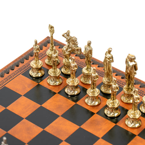 NAPOLEON CHESS: Metal Chess Pieces with Brown/Black Leatherette Chessboard