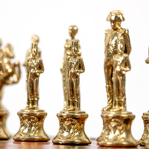 NAPOLEON CHESS: Metal Chess Pieces with Brown/Black Leatherette Chessboard