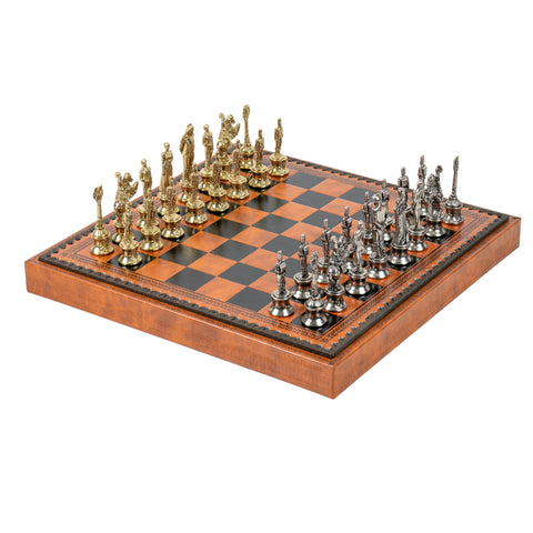 NAPOLEON CHESS: Metal Chess Pieces with Brown/Black Leatherette Chessboard