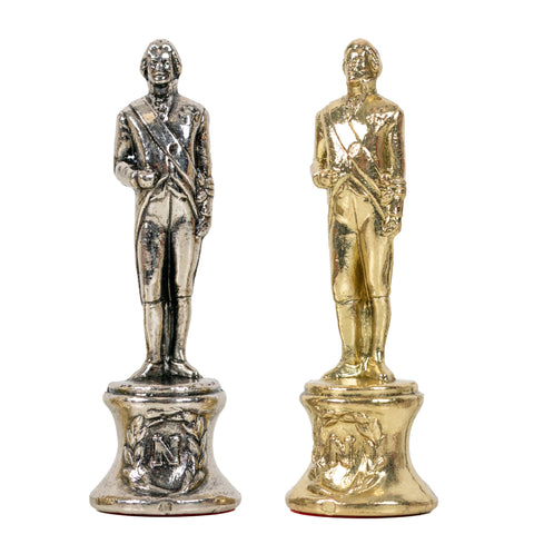 NAPOLEON CHESS: Metal Chess Pieces with Brown/Black Leatherette Chessboard