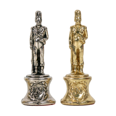 NAPOLEON CHESS: Metal Chess Pieces with Brown/Black Leatherette Chessboard