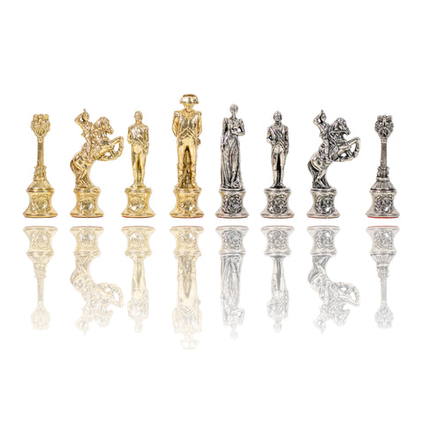 NAPOLEON CHESS: Metal Chess Pieces with Brown/Black Leatherette Chessboard