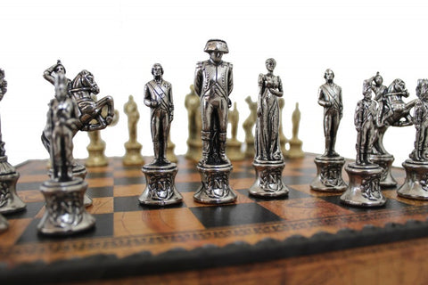 NAPOLEON CHESS SET: Metal Pieces with Leatherette Chessboard Box