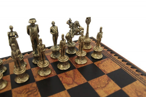 NAPOLEON CHESS SET: Metal Pieces with Leatherette Chessboard Box