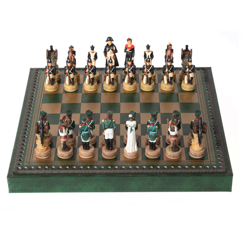 NAPOLEON IN RUSSIA: Handpainted Chess Set with Leatherette Chessboard & Box & Checker Set