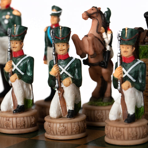 NAPOLEON IN RUSSIA: Handpainted Chess Set with Leatherette Chessboard & Box & Checker Set