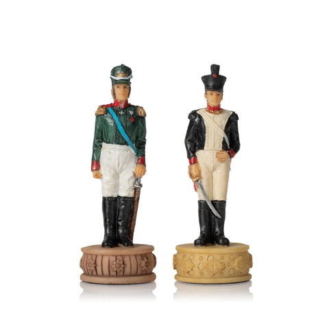 NAPOLEON IN RUSSIA: Handpainted Chess Set with Leatherette Chessboard & Box & Checker Set