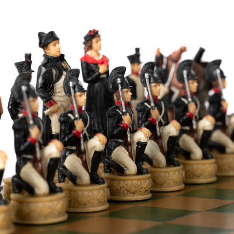 NAPOLEON IN RUSSIA: Handpainted Chess Set with Leatherette Chessboard & Box & Checker Set