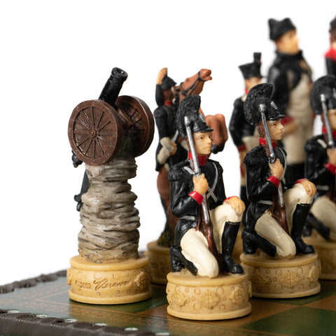 NAPOLEON IN RUSSIA: Handpainted Chess Set with Leatherette Chessboard & Box & Checker Set