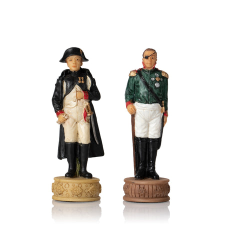 NAPOLEON IN RUSSIA: Handpainted Chess Set with Leatherette Chessboard & Box & Checker Set