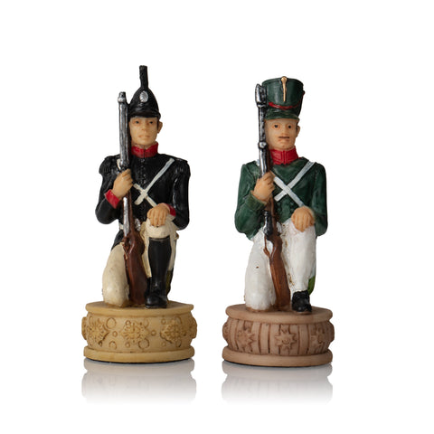 NAPOLEON IN RUSSIA: Handpainted Chess Set with Leatherette Chessboard & Box & Checker Set