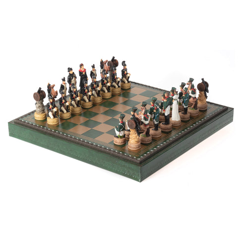 NAPOLEON IN RUSSIA: Handpainted Chess Set with Leatherette Chessboard & Box & Checker Set