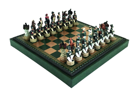 Napoleon In Russia: Handpainted Chess Set with Leatherette Chessboard + CHECKER SET