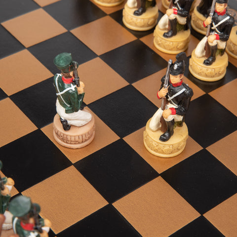 NAPOLEON IN RUSSIA: Handpainted Chess Set with Leatherette Chessboard