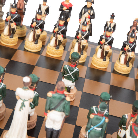 NAPOLEON IN RUSSIA: Handpainted Chess Set with Leatherette Chessboard