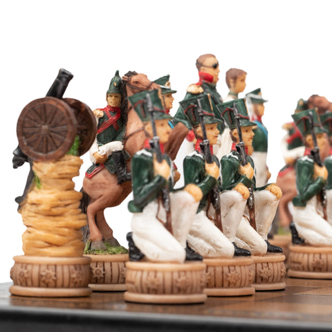 NAPOLEON IN RUSSIA: Handpainted Chess Set with Leatherette Chessboard