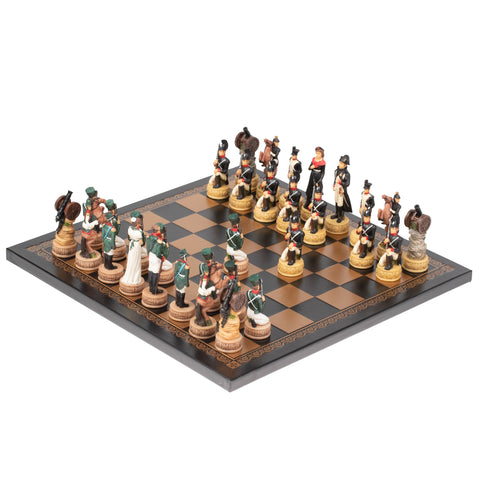 NAPOLEON IN RUSSIA: Handpainted Chess Set with Leatherette Chessboard