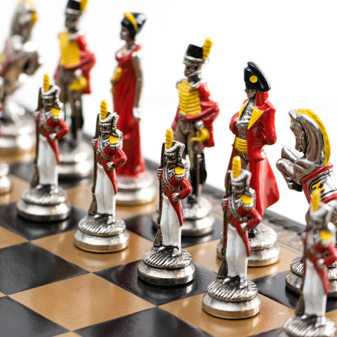 NAPOLEON: Metal Chess Set with Leatherette Chessboard + CHECKER SET