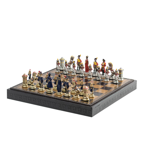 NAPOLEON: Metal Chess Set with Leatherette Chessboard + CHECKER SET