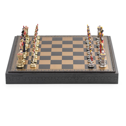 NAPOLEON: Metal Chess Set with Leatherette Chessboard + CHECKER SET