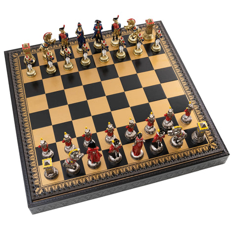 NAPOLEON: Metal Chess Set with Leatherette Chessboard + CHECKER SET