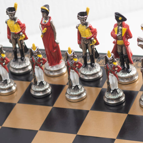 NAPOLEON: Metal Chess Set with Leatherette Chessboard + CHECKER SET