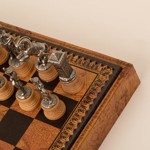 NAPOLEON SET: Metal & Wood Chess Pieces with Leatherette Chessboard/Box