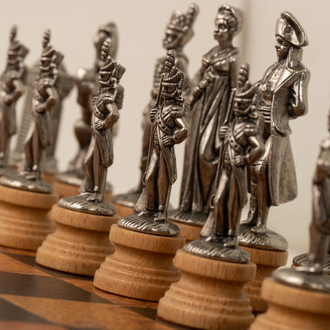 NAPOLEON SET: Metal & Wood Chess Pieces with Leatherette Chessboard/Box